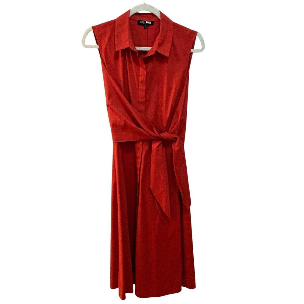 Lafayette 148 Dress Womens Medium Orange Red Sleeveless Shirt Midi Fit Flare - Picture 2 of 5